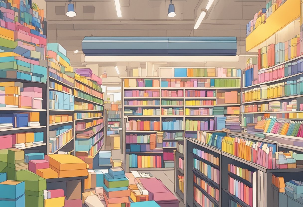 Customers explore shelves of colorful stationery in a cozy Singapore shop. Bright notebooks, pens, and unique paper products catch their eye