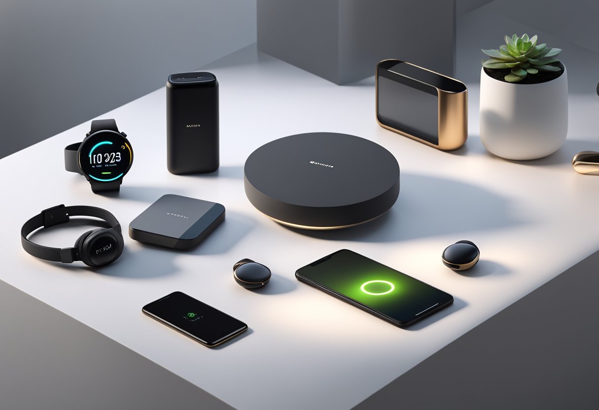 A sleek, modern display of premium gadgets, including smartphones, smartwatches, and wireless earbuds, arranged on a minimalist table with soft, indirect lighting