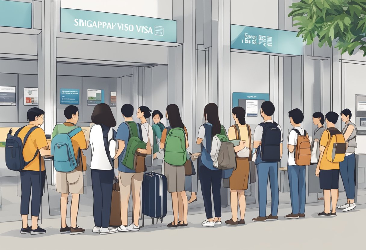 A queue of diverse tourists waits in line at a Singapore visa office, holding passports and documents. Signs and information boards are visible