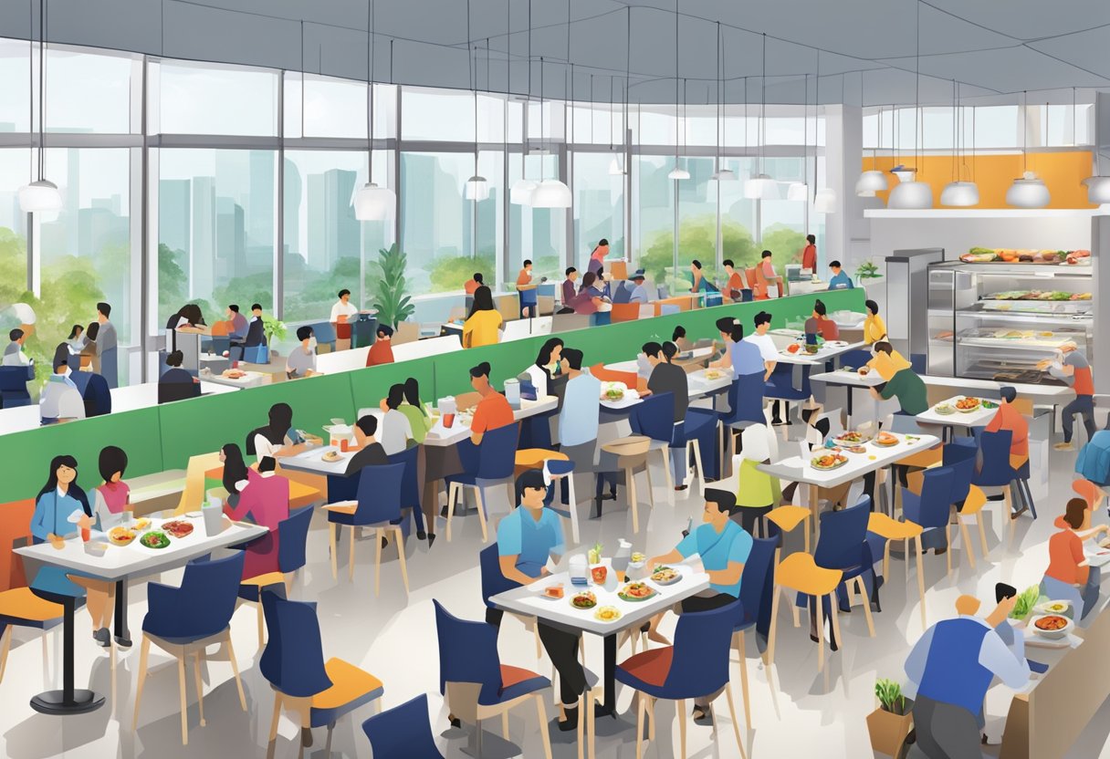 A bustling cafeteria at Sodexo Singapore, with a variety of food stations and customers enjoying their meals at tables