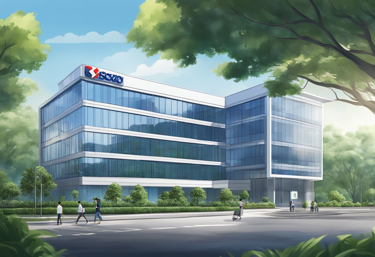 A modern office building with the Sodexo Singapore logo prominently displayed on the exterior. Surrounding greenery and a clear blue sky complete the scene