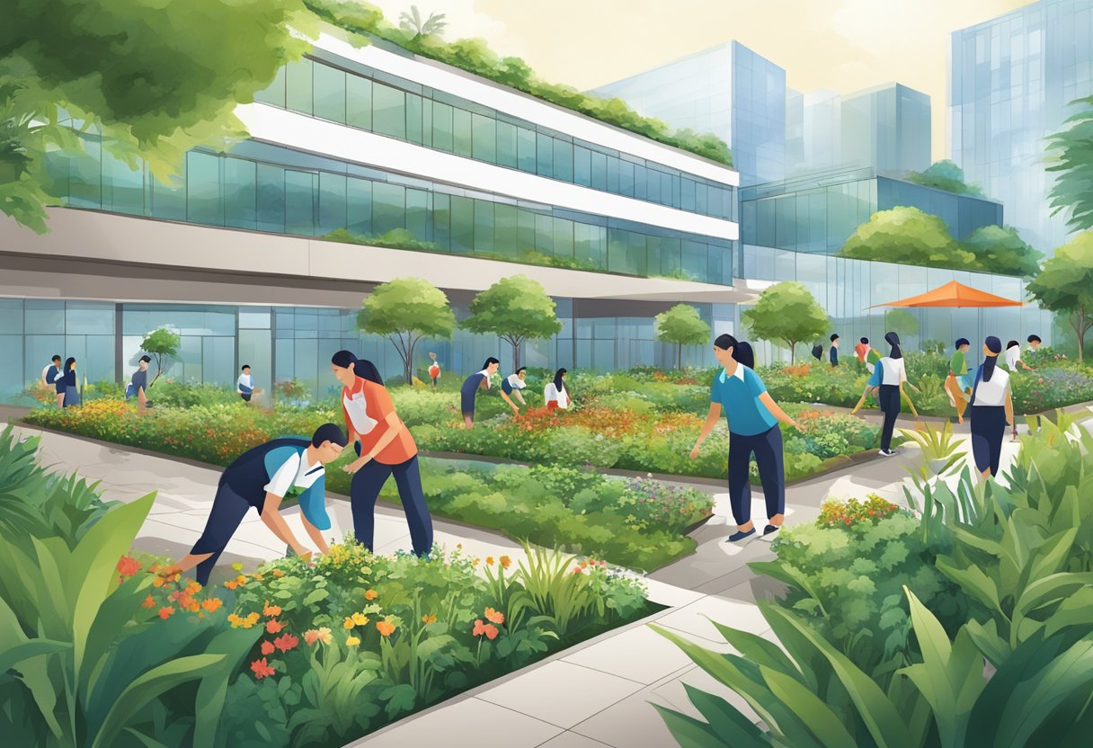 Sodexo Singapore's corporate responsibility: a lush garden growing alongside a modern office building, with employees participating in community service projects