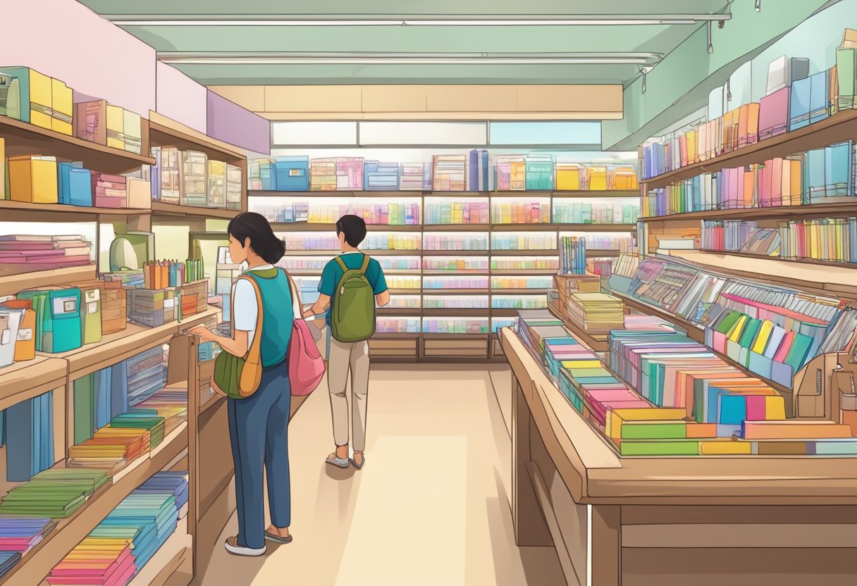 A bustling stationery shop in Singapore with shelves filled with colorful notebooks, pens, and other supplies. Customers browse and ask questions at the counter