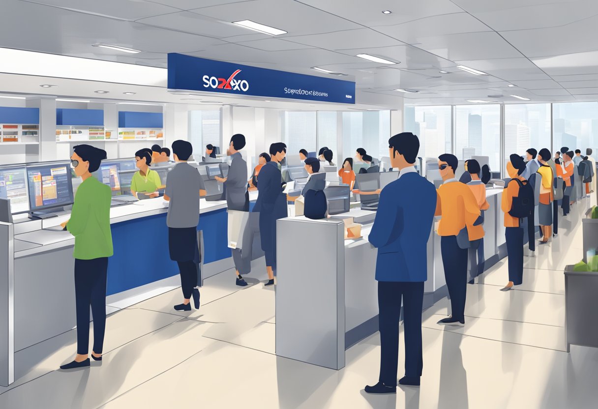 A busy office with people lining up at a Sodexo Singapore counter, asking questions. Visible signage and logo