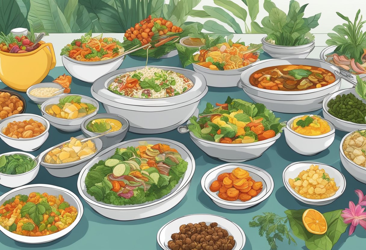 A colorful and diverse selection of vegetarian dishes displayed on a buffet table in Singapore