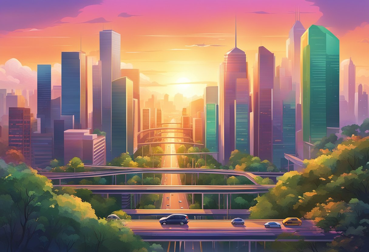 A bustling cityscape with modern skyscrapers, lush greenery, and a network of roads and bridges, all set against a backdrop of a vibrant, colorful sunset