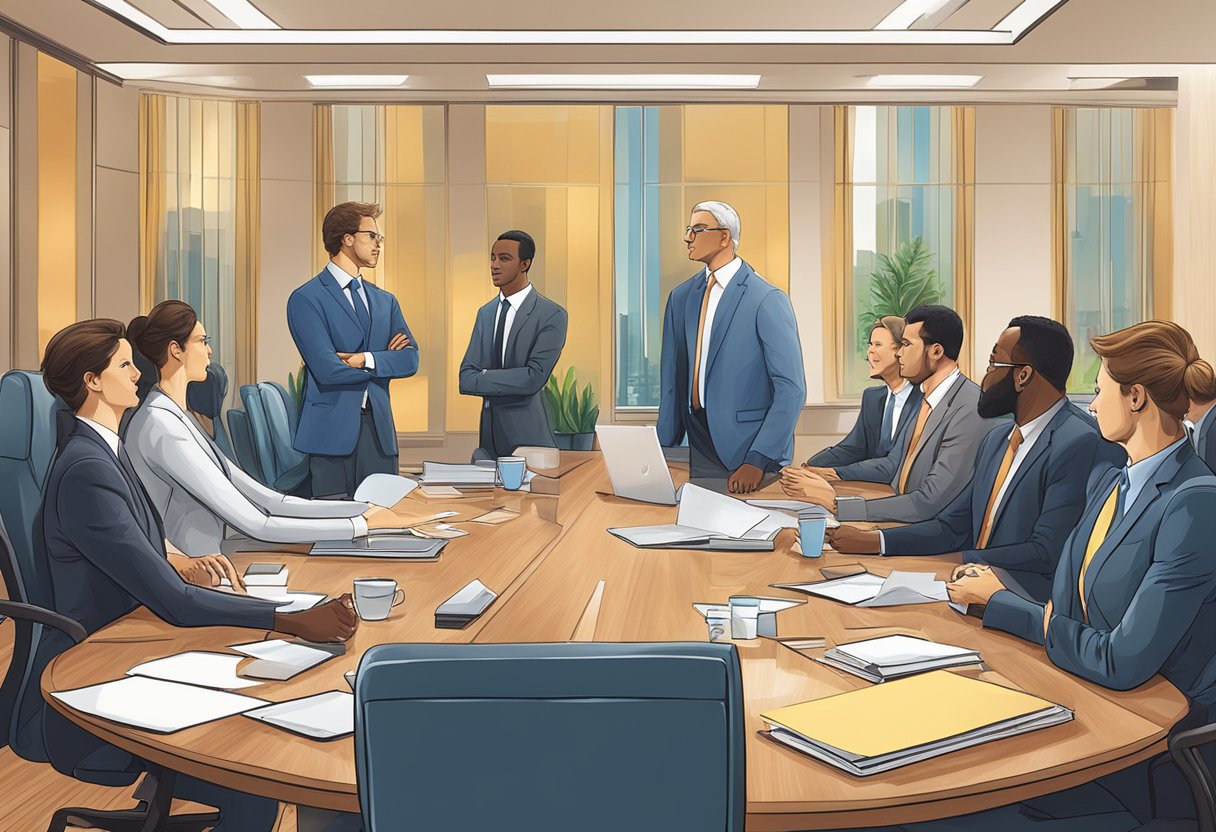A group of professionals in a boardroom discussing partnership and governance strategies