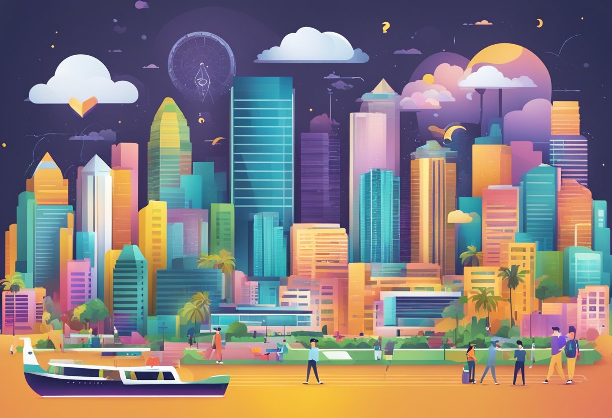 A colorful, vibrant display of frequently asked questions about WDA Singapore, with bold text and eye-catching graphics