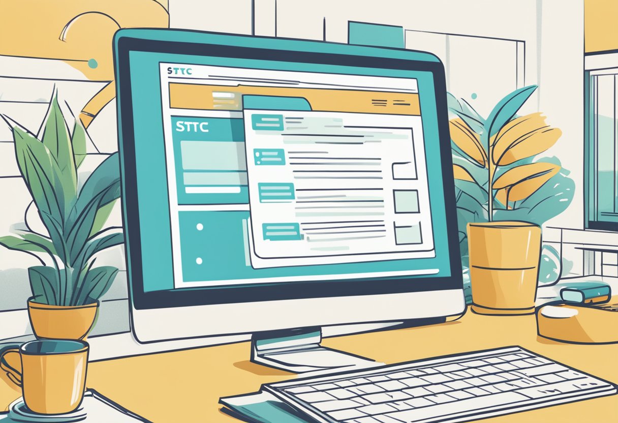 A computer screen displaying the "Frequently Asked Questions" webpage of STC Singapore, with a stylized logo and clear navigation links