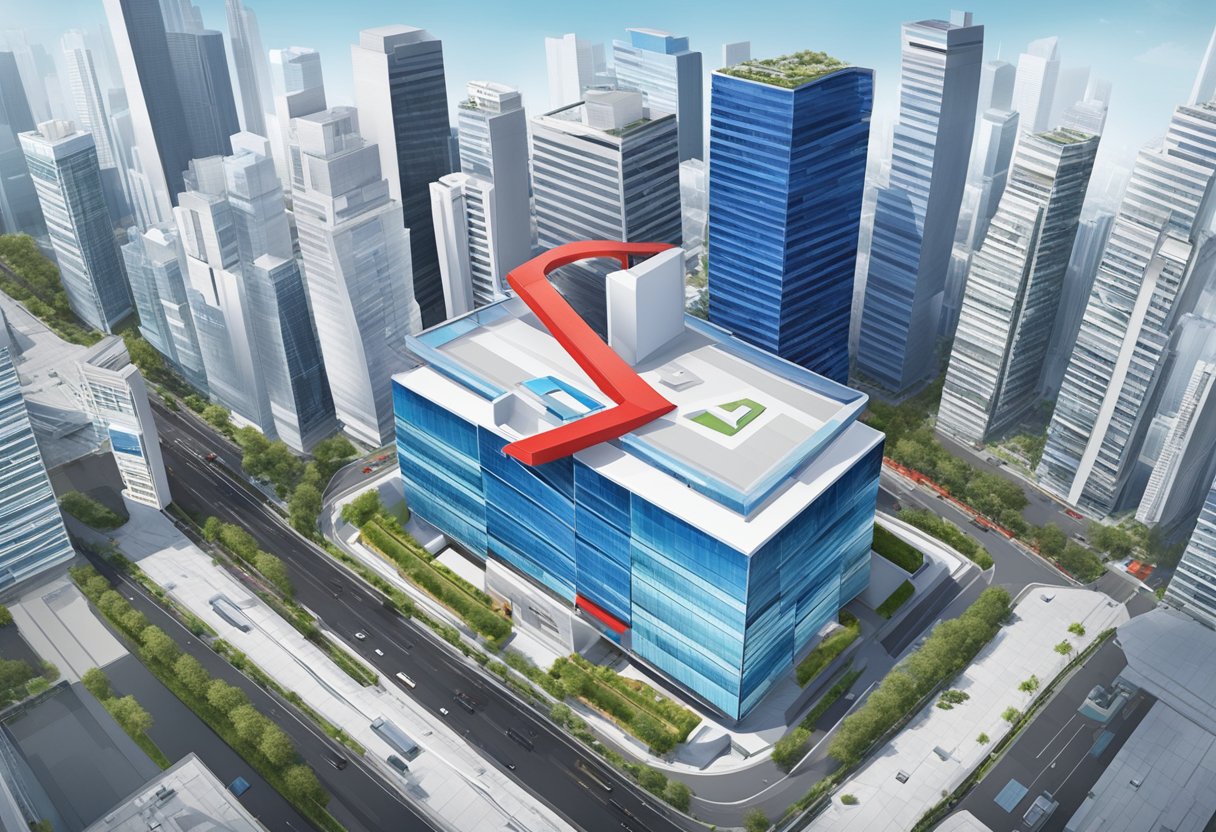Aerial view of Chevron in Singapore with iconic red and blue logo on top of a modern office building