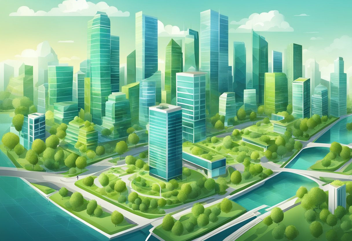 A modern city skyline with green buildings and innovative infrastructure, showcasing sustainability in action