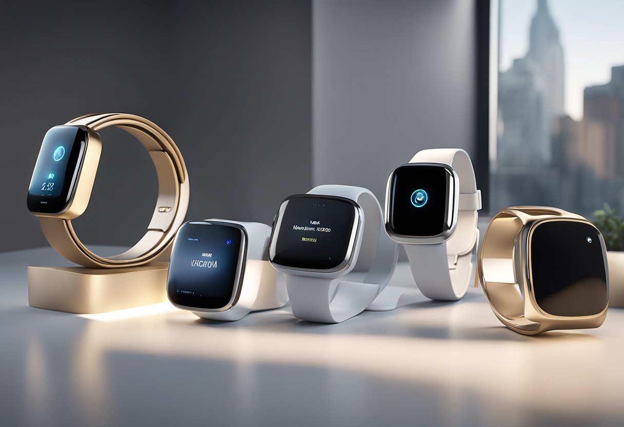 A display of sleek, modern wearable tech devices in a clean, minimalist setting. Bright lighting highlights the latest designs and features