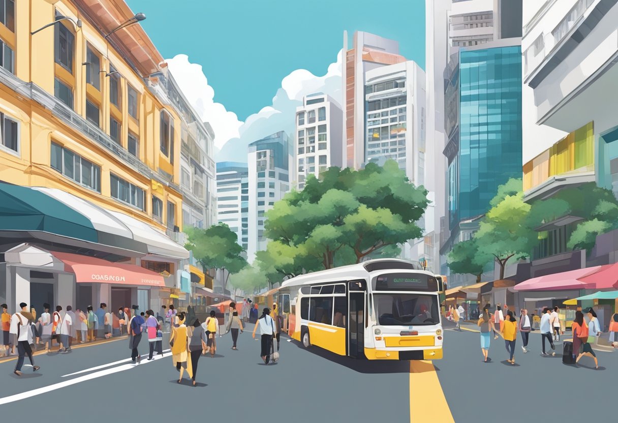 A bustling street in the heart of Singapore with colorful shopfronts and busy pedestrians. Tall buildings line the road, with the iconic Adelphi building standing out in the distance