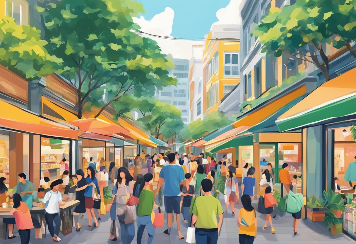 People bustling in and out of trendy shops, cafes, and entertainment venues at The Adelphi on Coleman Street, Singapore. Vibrant colors and lively atmosphere