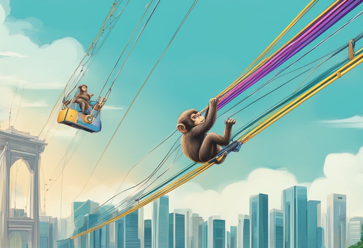 A colorful monkey swings from wires against the backdrop of Singapore's iconic skyline