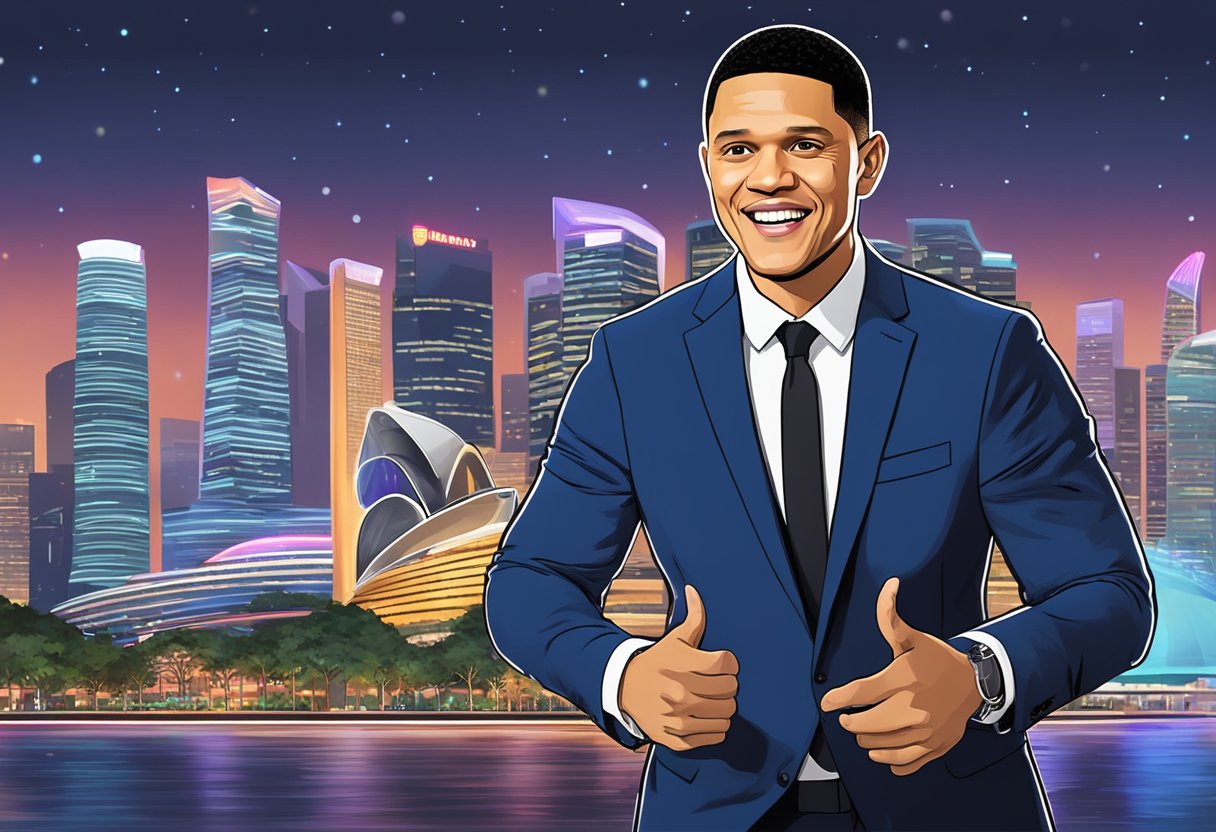 Trevor Noah performs in front of a vibrant Singapore skyline at night