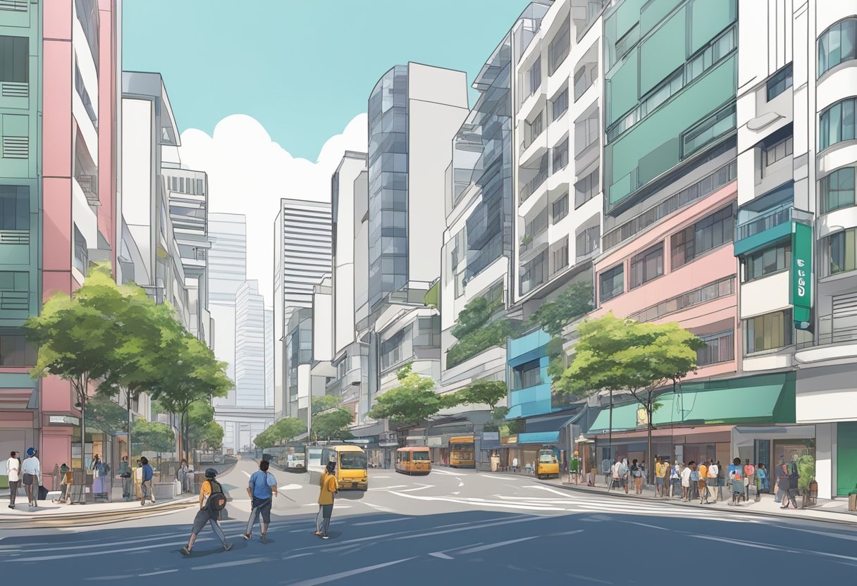 The bustling streets of District 06 Coleman Street in Singapore, with modern buildings and bustling pedestrian traffic, showcasing convenience and accessibility
