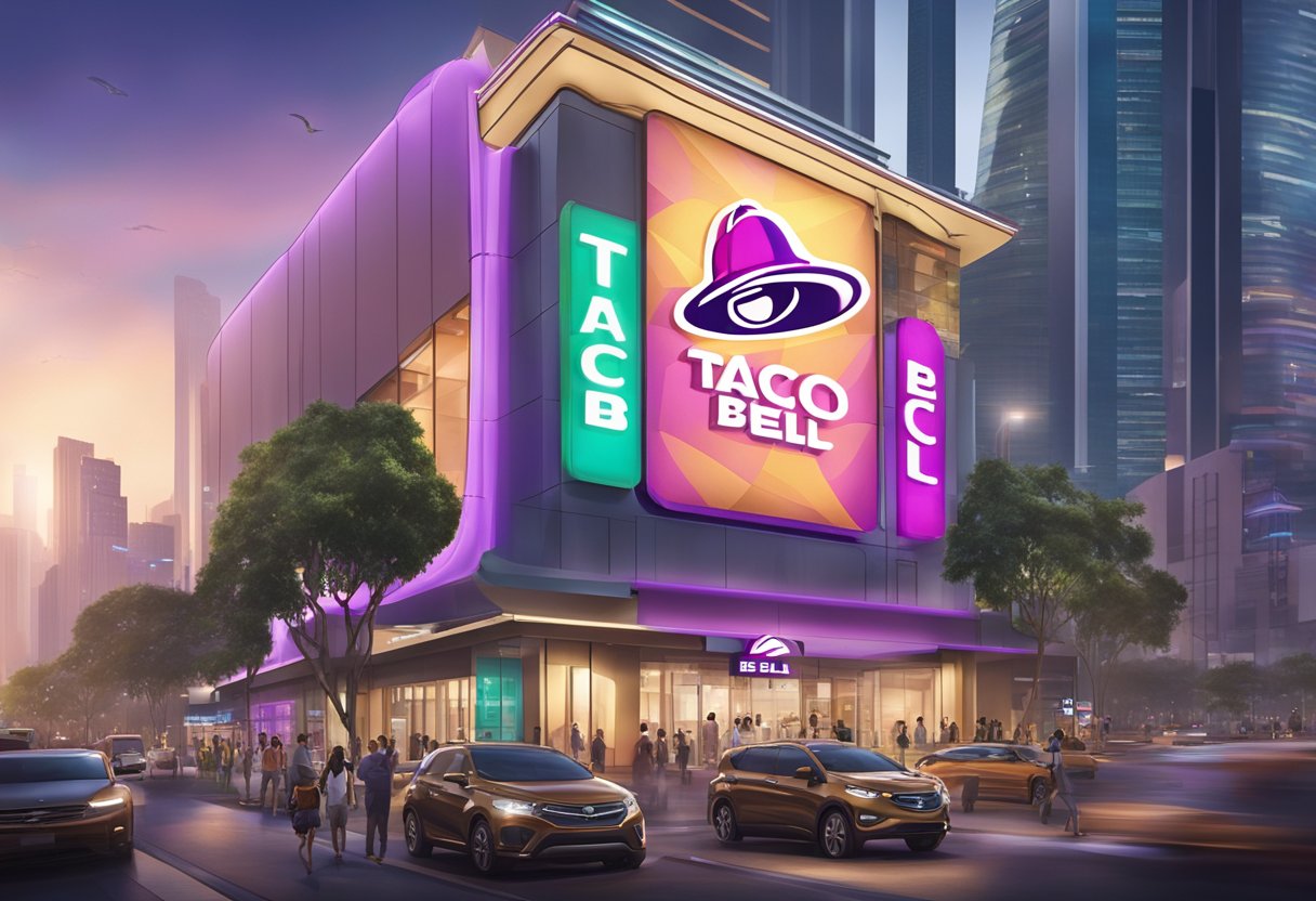 Taco Bell's iconic bell logo shines brightly atop a sleek new building in the heart of Singapore, with colorful signage and bustling crowds below