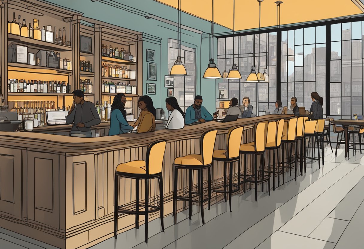 Customers chatting at sleek bar, sipping artisanal coffee. Laptops open, soft jazz playing. Industrial-chic decor, warm lighting