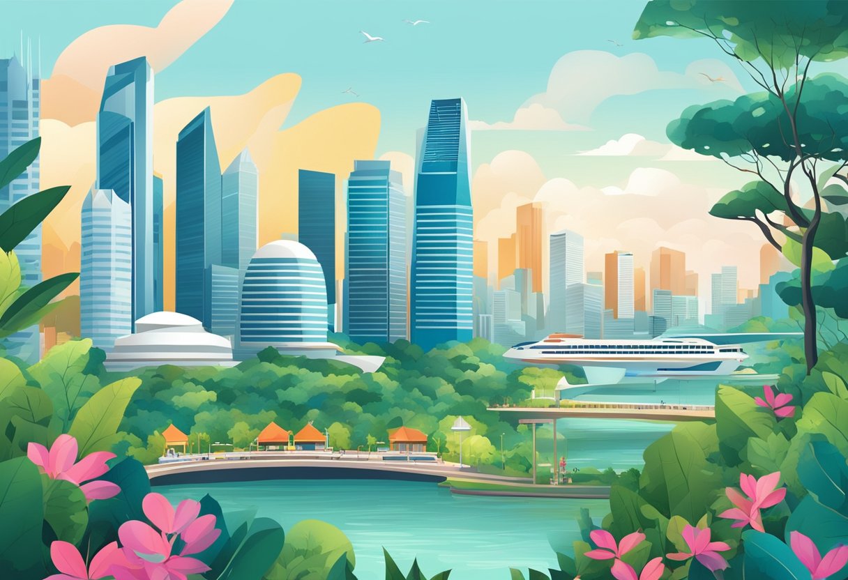 Vibrant cityscape with iconic skyline and modern architecture of Singapore, bustling with activity and surrounded by lush greenery
