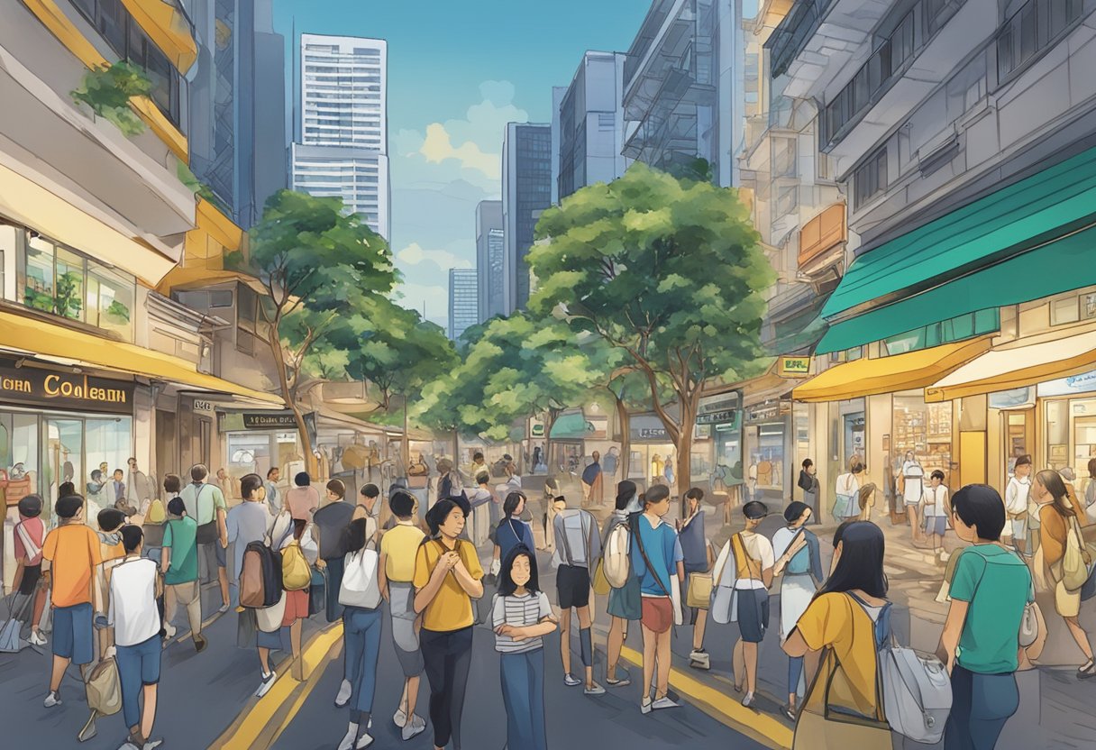 A bustling street in Singapore, with a prominent sign for "Frequently Asked Questions" at the corner of Coleman Street and The Adelphi building