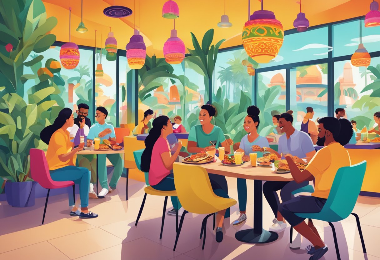 A diverse group of people enjoying a meal at a Taco Bell in Singapore, surrounded by cultural decor and vibrant colors