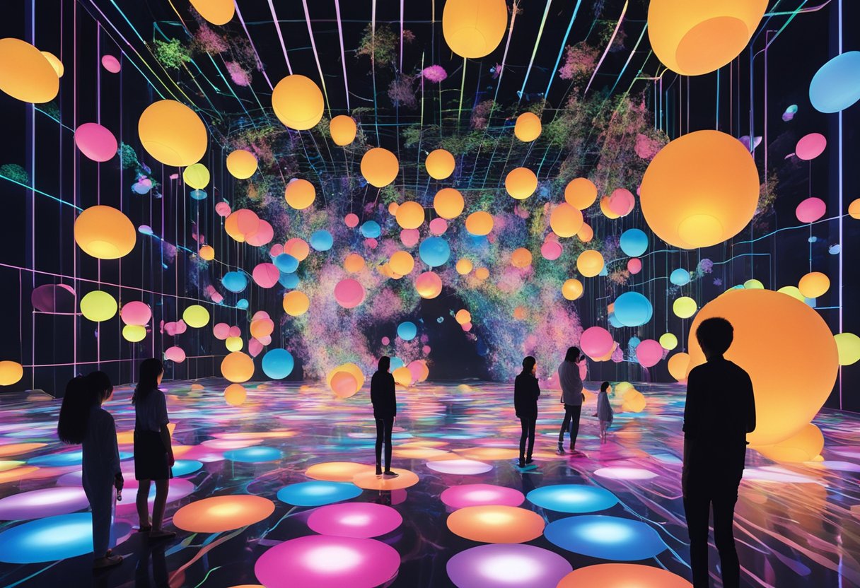 A vibrant digital art installation at teamLab Singapore, featuring interactive projections and immersive environments