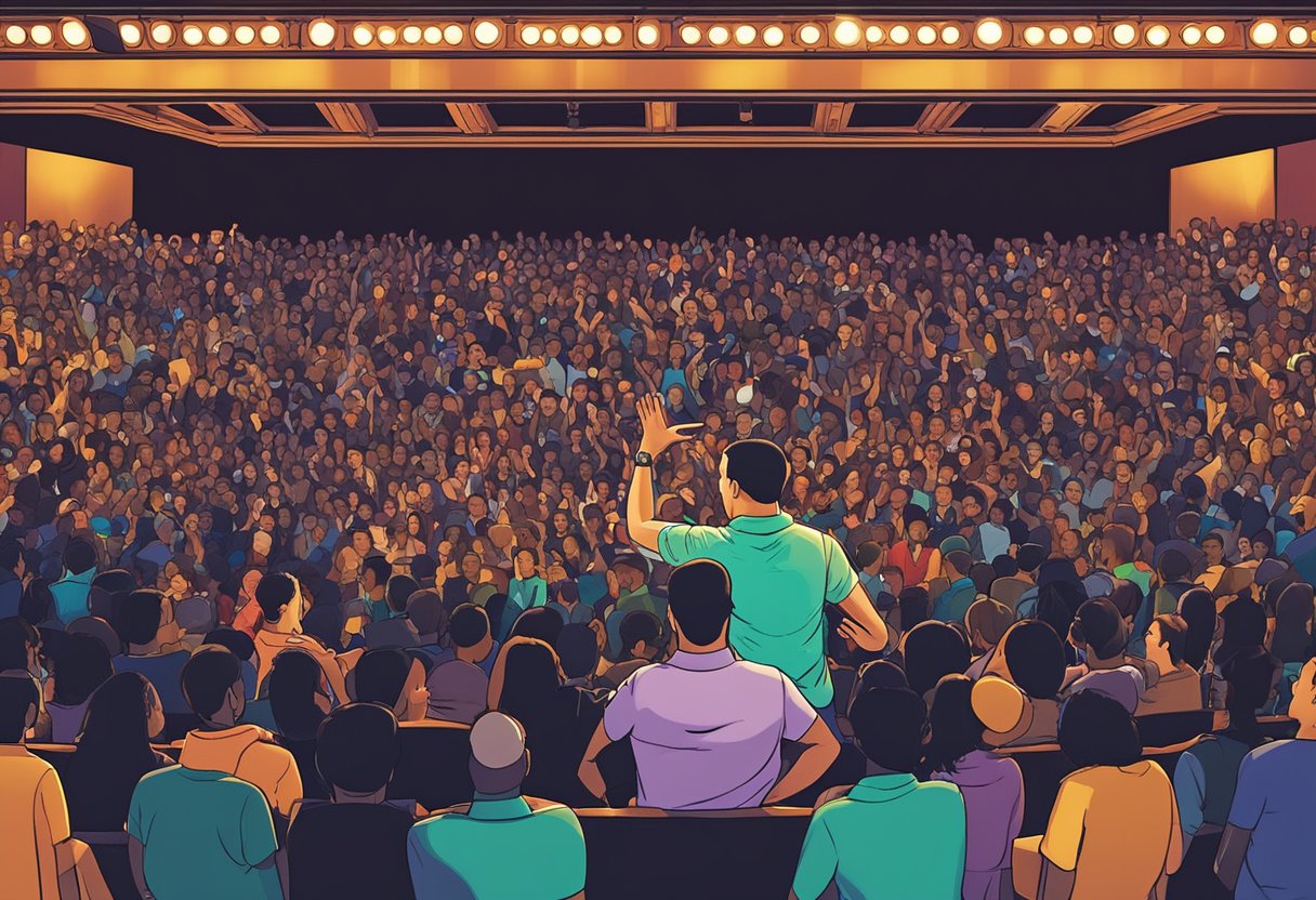 Trevor Noah's stand-up comedy show at a packed theater in Singapore, with colorful stage lights and a captivated audience
