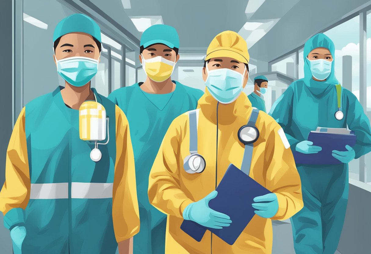Healthcare workers in protective gear guide public through coronavirus safety measures in Singapore