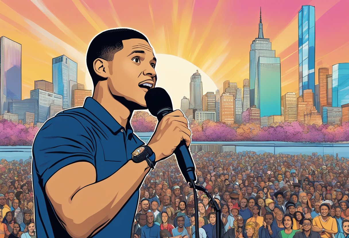 Trevor Noah on stage, holding a microphone, with a diverse audience and city skyline in the background
