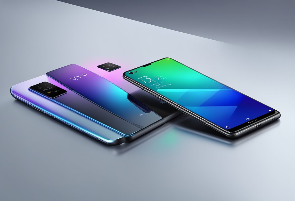 A sleek Vivo smartphone sits on a reflective surface, showcasing its advanced features and the vibrant Vivo logo