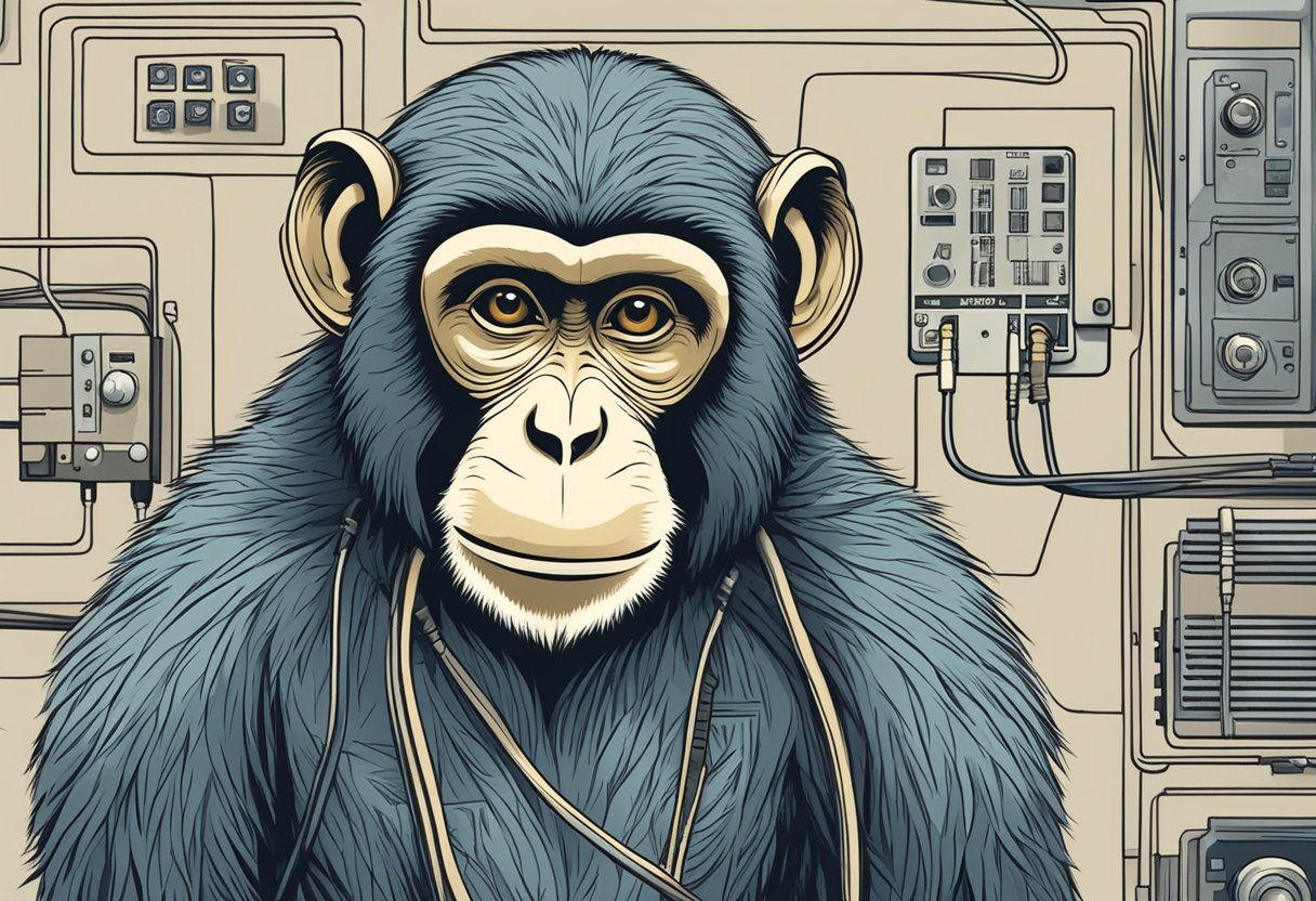 A monkey surrounded by wires, with a sign reading "Frequently Asked Questions" in Singapore