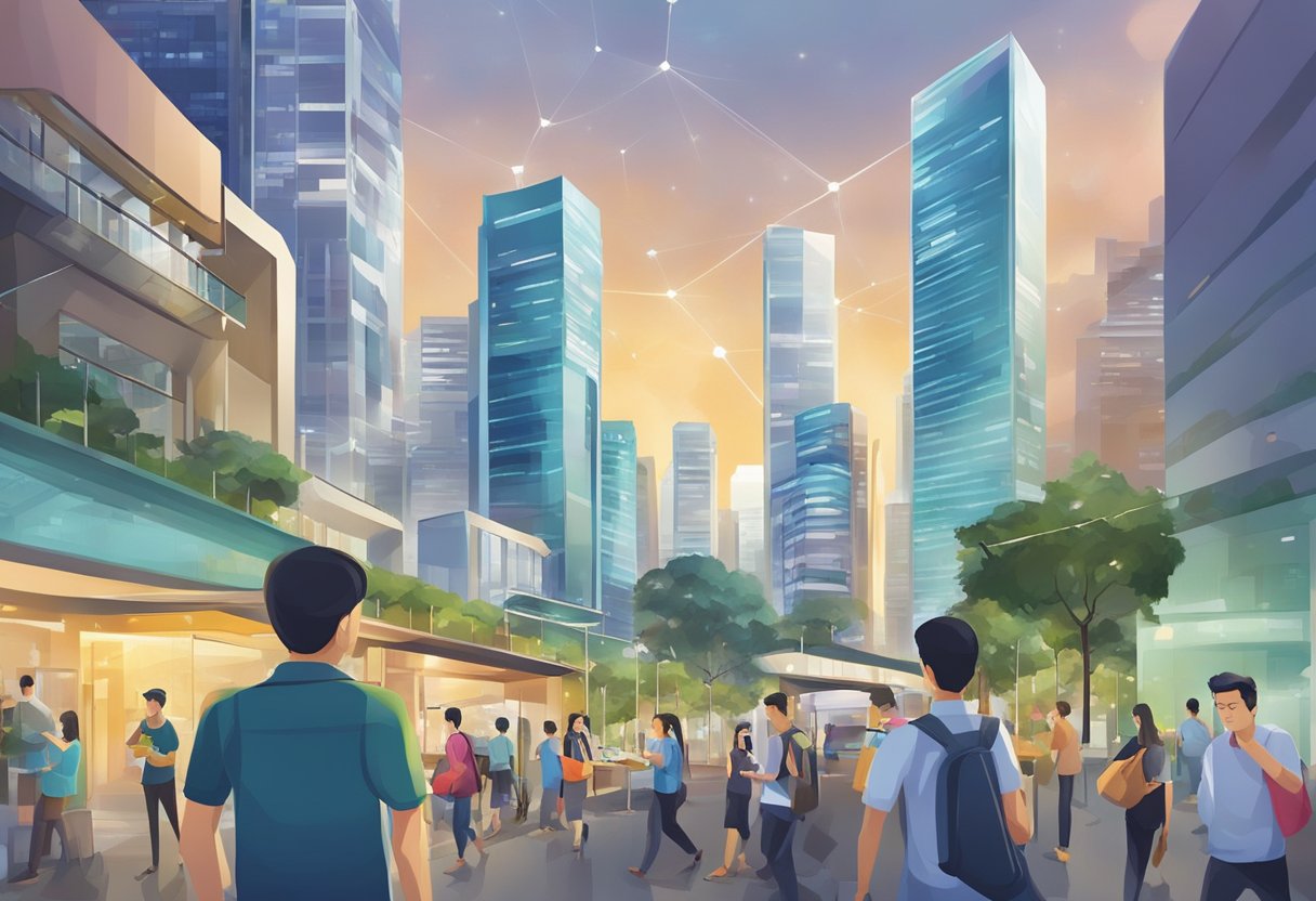 A network of interconnected devices, including smartphones and laptops, are readily available in a bustling urban setting in Singapore