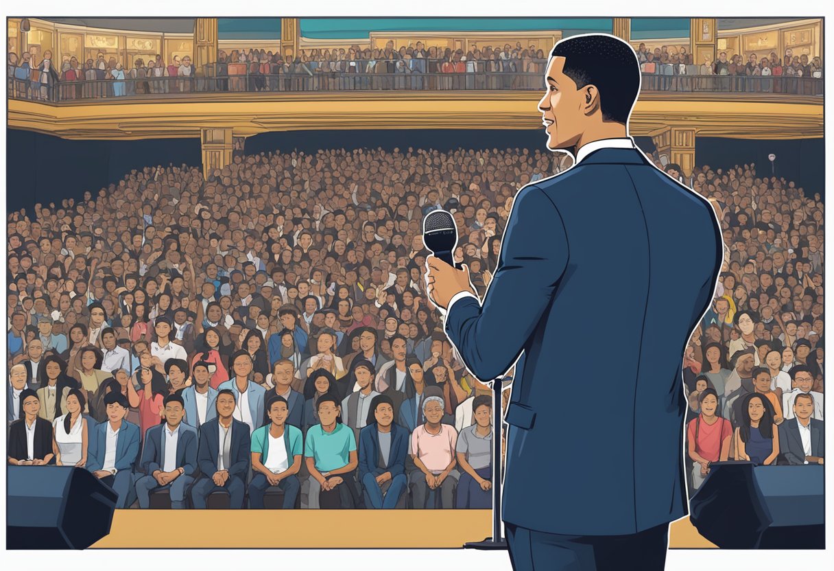 Trevor Noah stands on stage in Singapore, addressing a crowd with a microphone in hand. The audience listens attentively, while a screen behind him displays the words "Frequently Asked Questions."