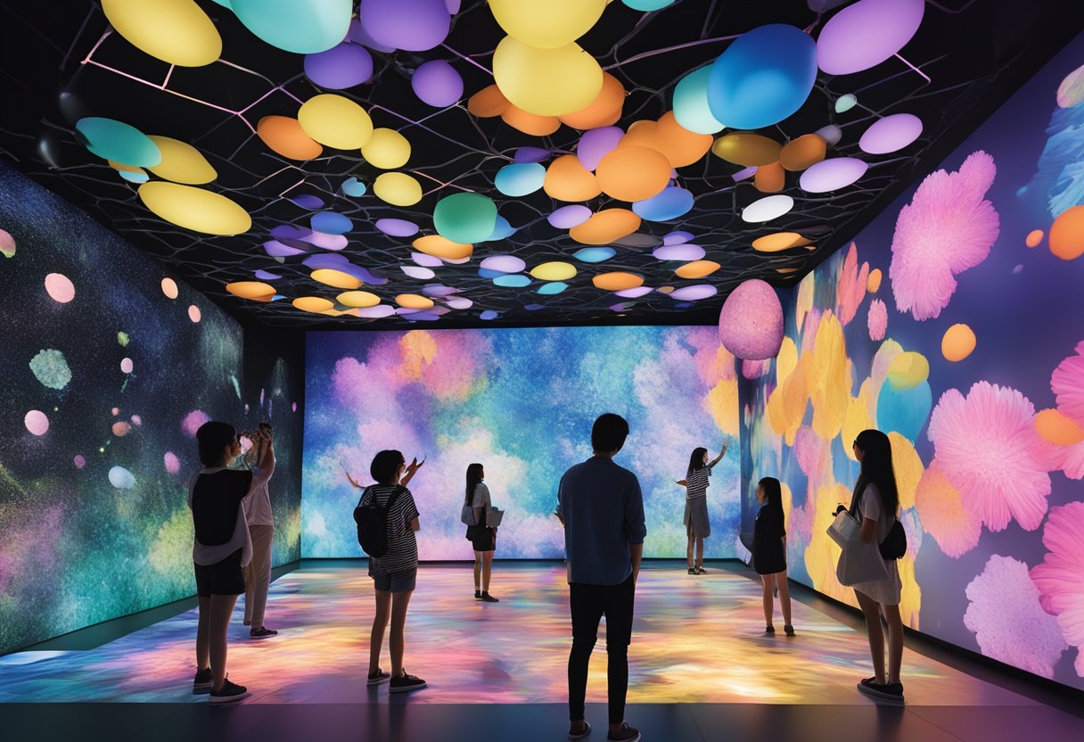 A colorful, interactive exhibit at teamLab Singapore, with vibrant digital displays and immersive installations, capturing the curiosity of visitors