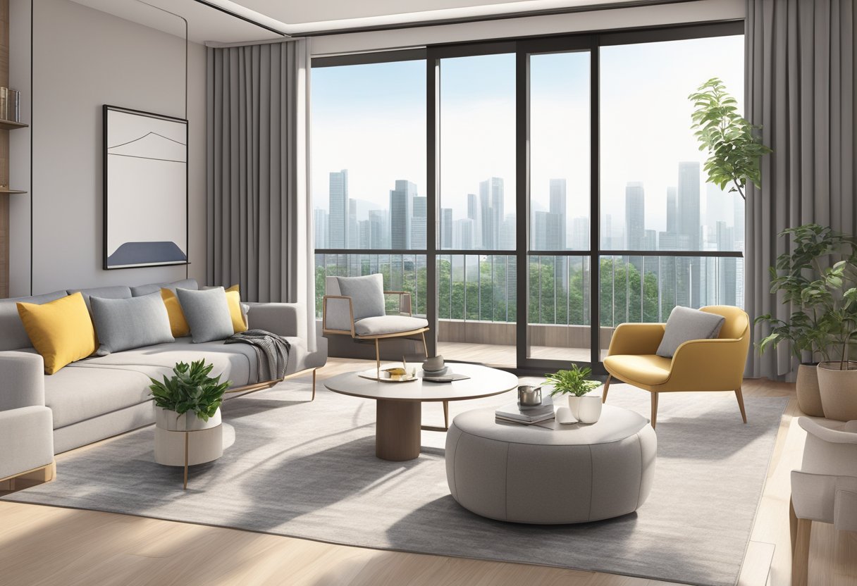 A real estate agent showing a modern, unfurnished apartment in Singapore. Bright, spacious rooms with large windows, a sleek kitchen, and a cozy balcony