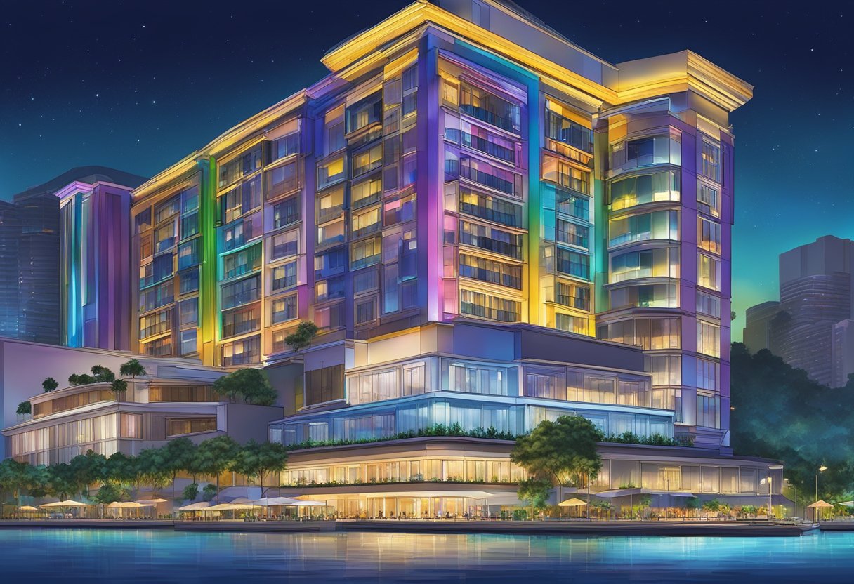 The Bliss Hotel in Singapore shines under the night sky, its modern architecture illuminated by colorful lights, reflecting in the nearby water