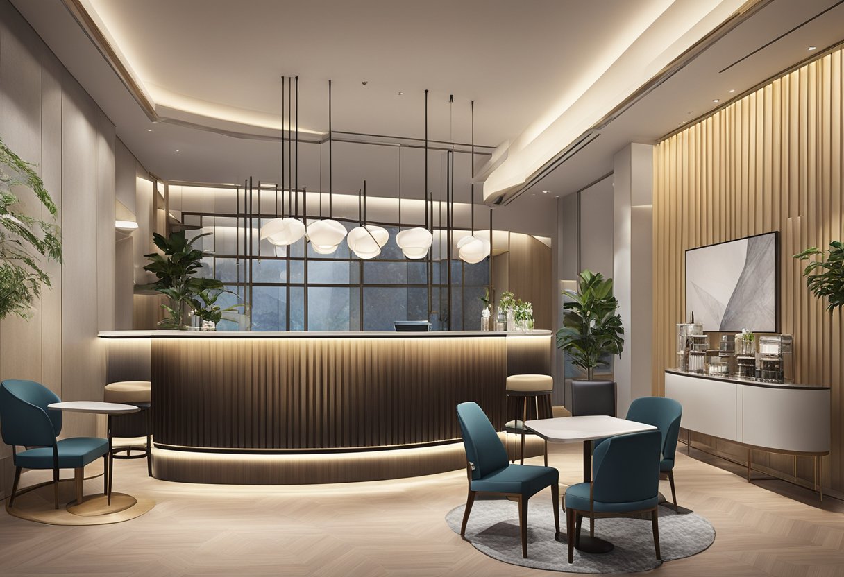 The lobby of Bliss Hotel Singapore features a sleek reception desk, modern seating areas, and a chic coffee bar. The walls are adorned with contemporary artwork, and soft ambient lighting creates a welcoming atmosphere