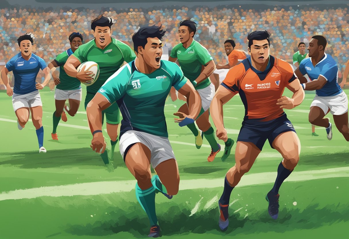 Players sprinting across green field, passing ball, and making tackles in front of cheering crowd at Rugby 7s Singapore