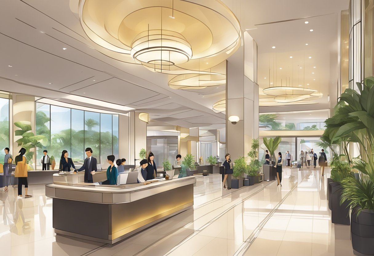 The bustling lobby of Bliss Hotel Singapore, with guests checking in at the front desk and staff assisting with luggage. A sleek, modern design and warm lighting create a welcoming atmosphere
