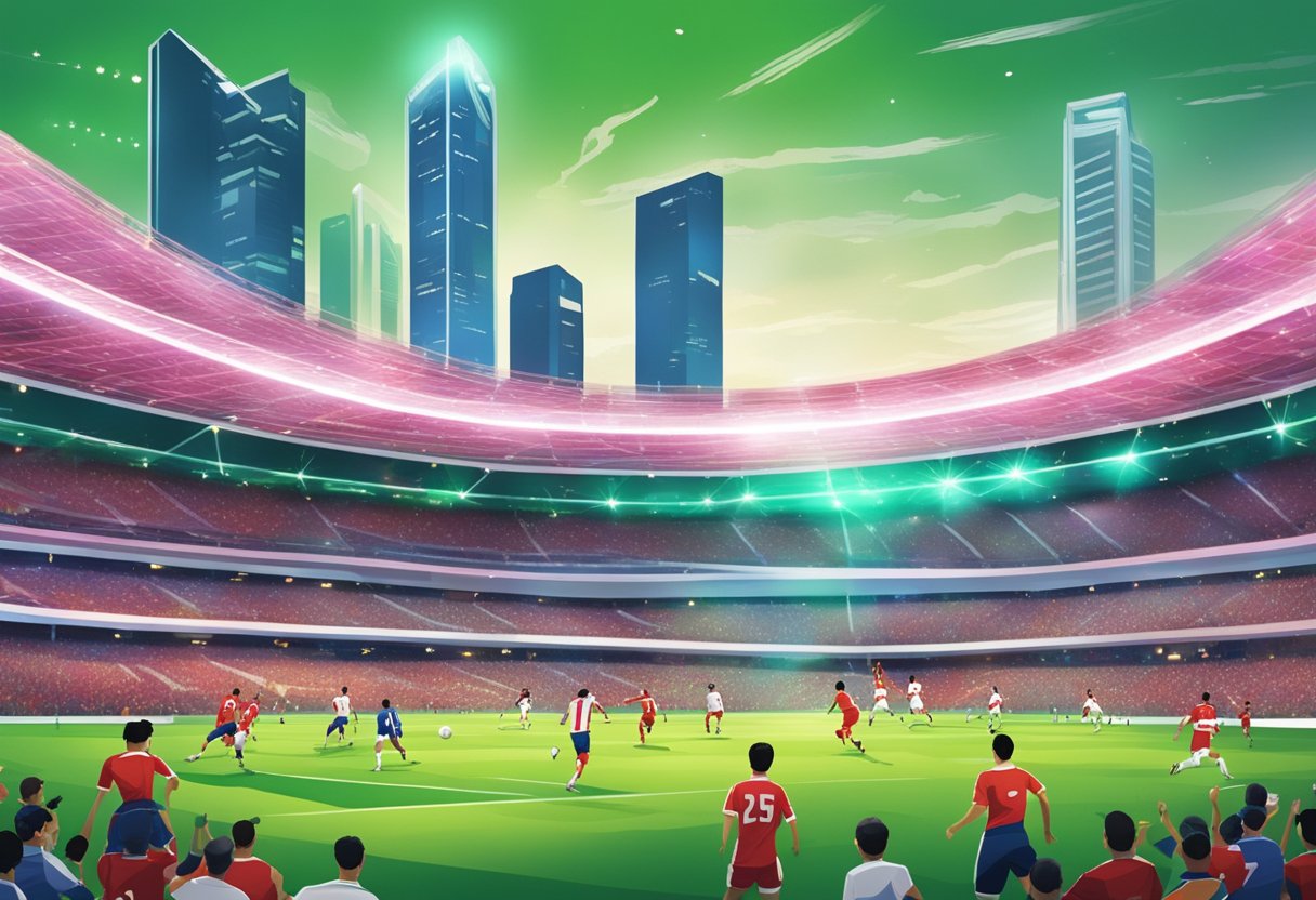 Players compete on a vibrant green field surrounded by cheering fans and tall stadium lights, with a backdrop of the iconic Singapore skyline