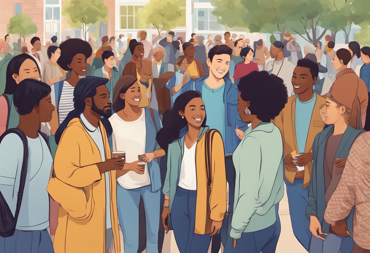 A diverse group of people from different ethnic backgrounds gather in a vibrant public space, engaging in friendly conversations and cultural exchanges