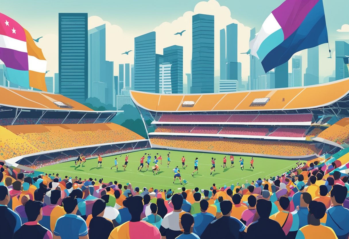 A vibrant crowd gathers around a stadium, flags waving, as rugby 7s teams compete in Singapore. The iconic skyline looms in the background