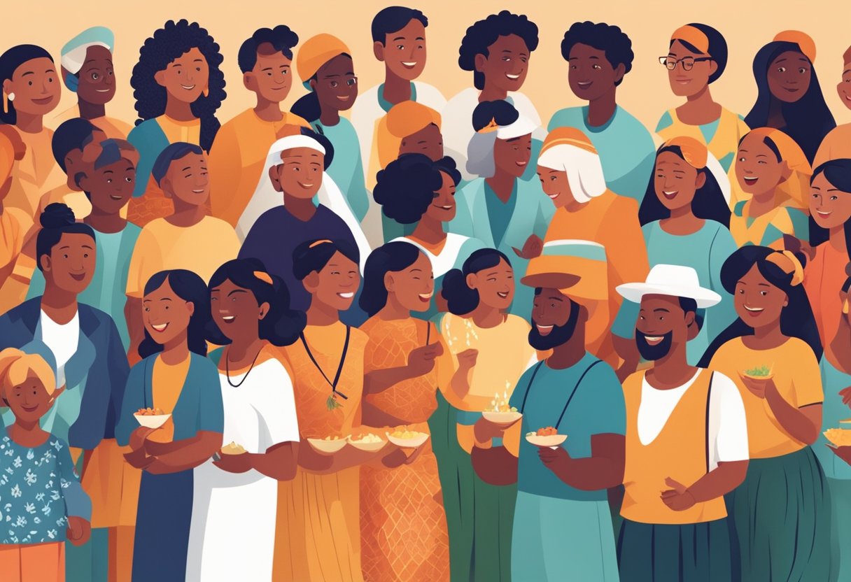A diverse group of people from different ethnic backgrounds engaging in cultural exchanges and celebrating traditions together in a vibrant and inclusive community