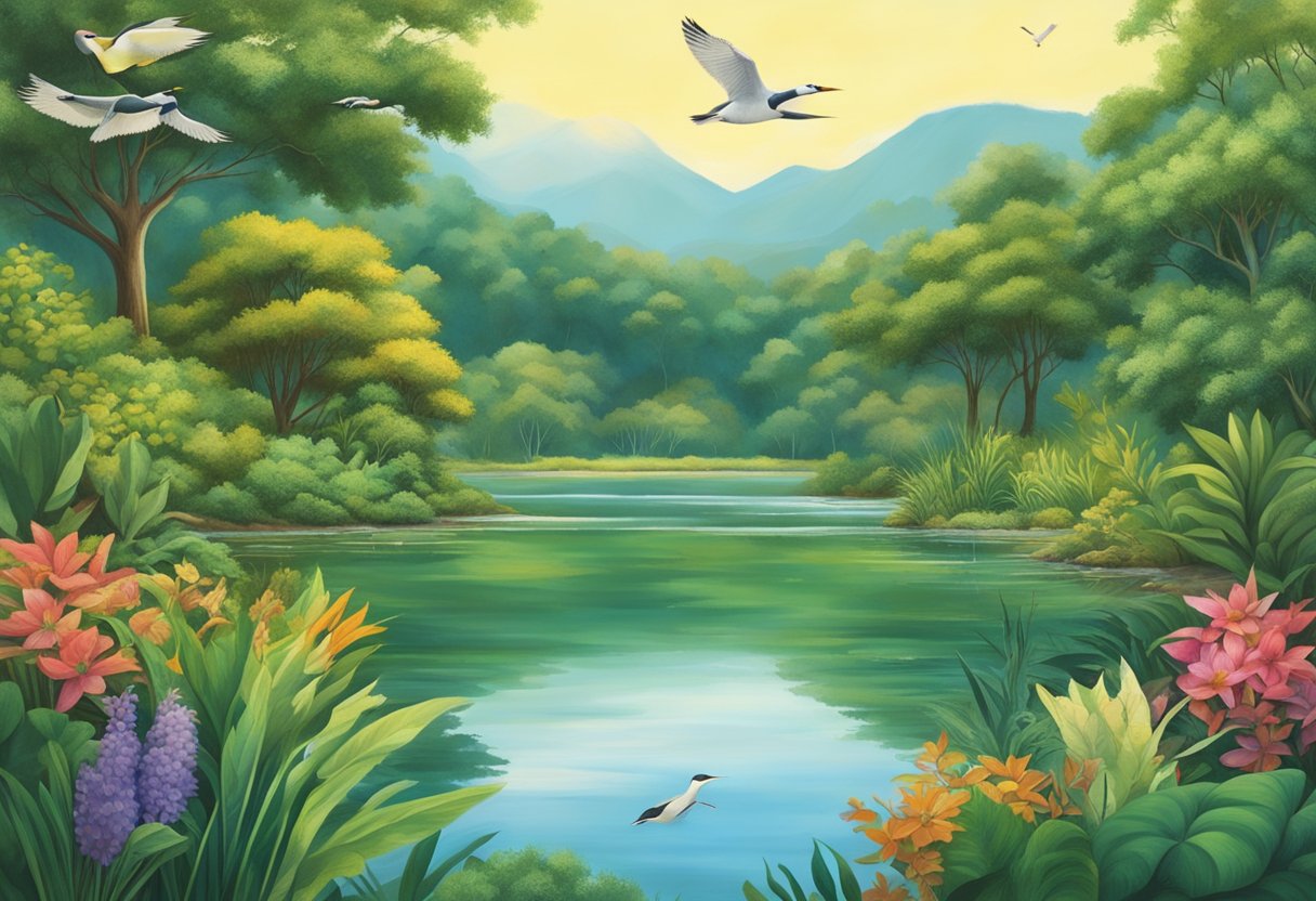 Lush greenery surrounds a tranquil reservoir, teeming with diverse wildlife and plant species. The water reflects the vibrant ecosystem, with birds soaring overhead