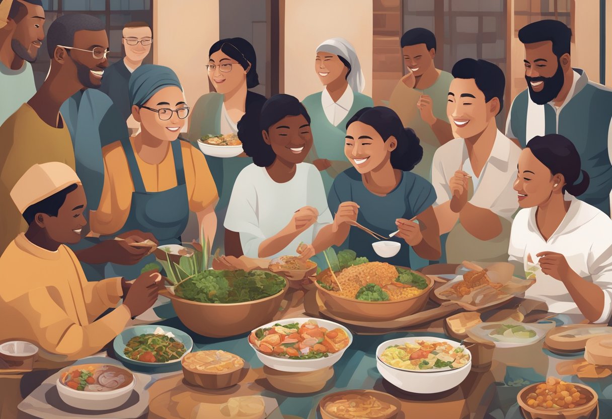 A diverse group of people from different ethnic backgrounds engaging in cultural activities and sharing traditional food in a communal setting