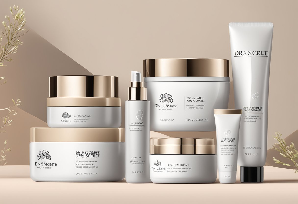 A display of Dr's Secret product range, featuring skincare items in sleek packaging with the brand logo prominently displayed