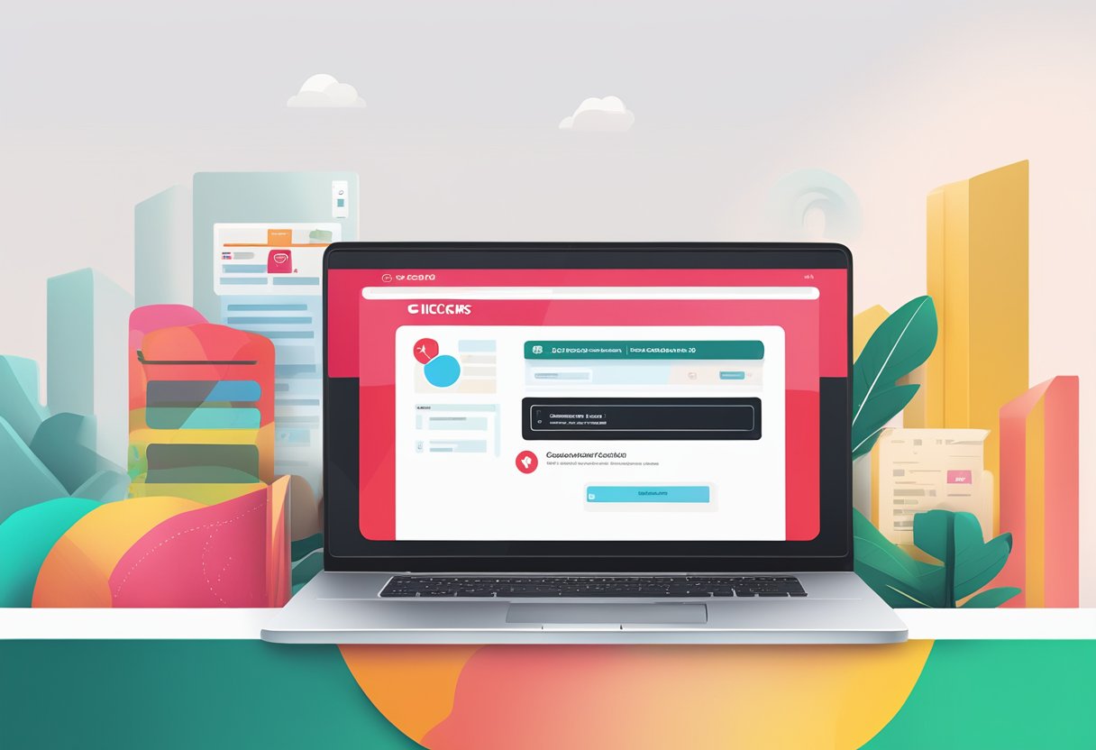 A laptop displaying the CIMB Clicks homepage with a cursor clicking on the login button. A mobile phone with the CIMB Clicks app is placed next to the laptop