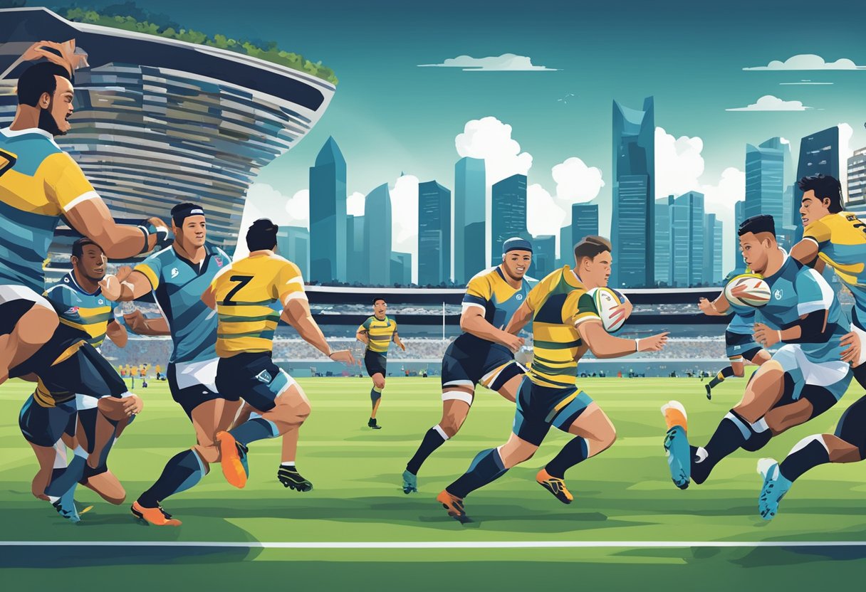 A rugby 7s match in Singapore, with players in action, fans cheering, and the iconic city skyline in the background