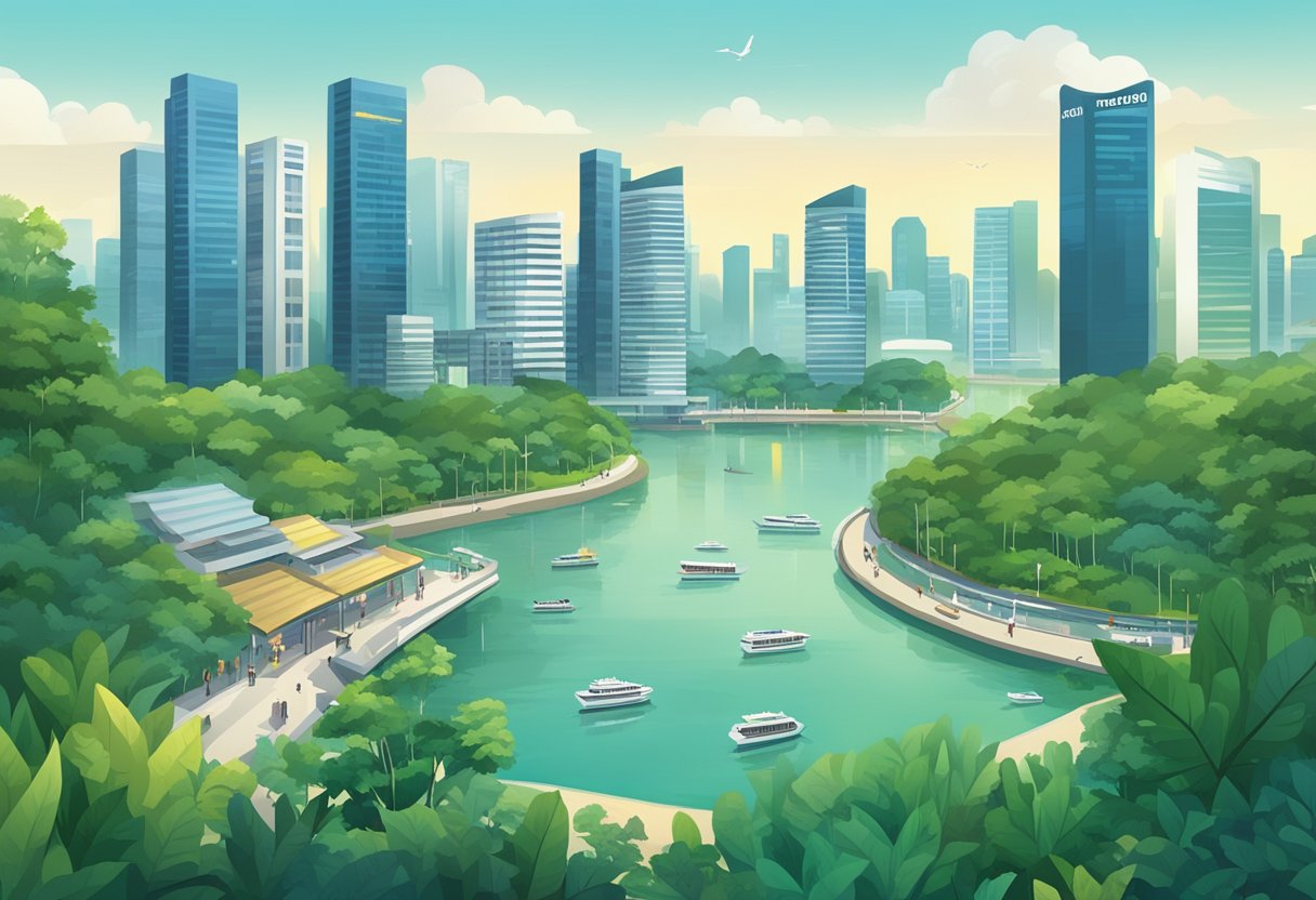 A bustling cityscape with a prominent sign reading "Frequently Asked Questions reservoirs in Singapore" surrounded by lush greenery and a serene body of water